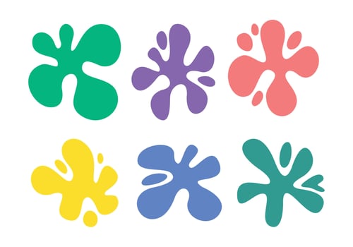 Colorful abstract paint blobs or splatter in various organic shapes on a white background, resembling ink splashes or liquid stains in green, purple, red, pinkish, blue, and teal. vector