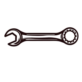 Hand drawn vintage wrench illustration with open end and ring spanner on white background vector