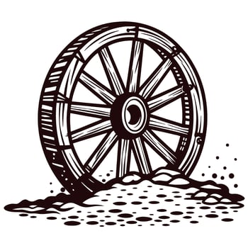 Antique wooden wagon wheel partially buried in soil vintage rustic hand drawn illustration in monochrome vector