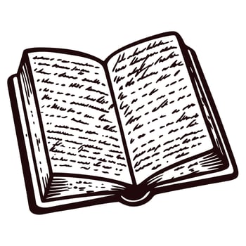 Vintage hand drawn open book illustration with handwritten text and detailed ink lines vector