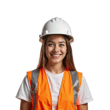 A woman wearing an orange vest and a hard hat png