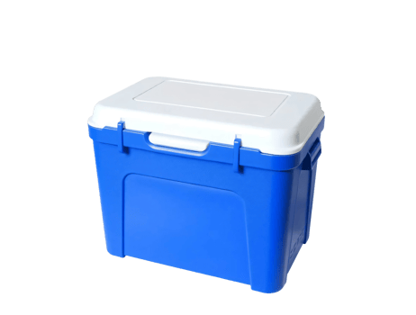 A blue and white cooler with lid png