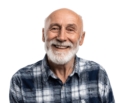 Joyful elderly man with a beard smiling in a plaid shirt png