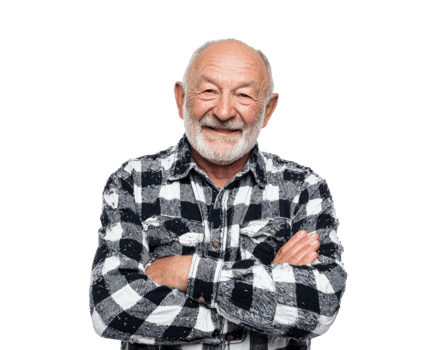 Smiling senior man in checkered shirt with crossed arms png