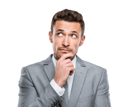 Businessman in suit thinking critically about future decisions png