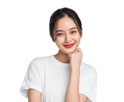Young woman smiling with hand on chin in casual setting png