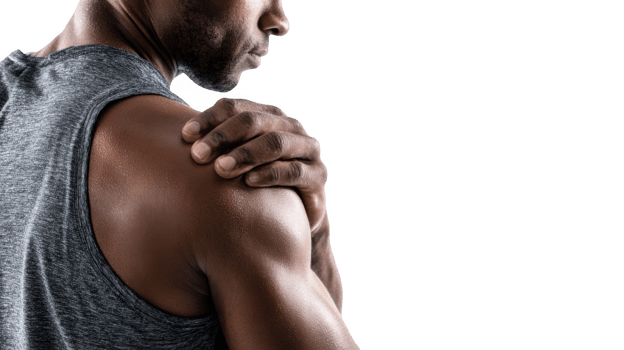 Close up of male athlete grabbing sore shoulder on transparent background png