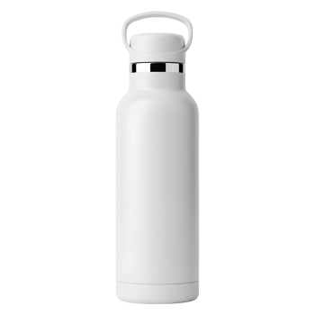 A centered view of a sleek white reusable water bottle with a handle on a transparent background png