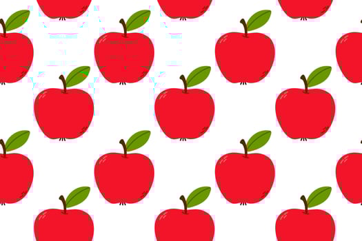 Repeating pattern of red apples with green leaves on white background. Perfect for food packaging, kitchen decor, or healthy lifestyle branding vector