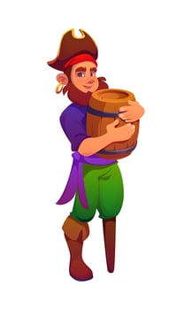 Cartoon pirate character carrying wooden barrel vector