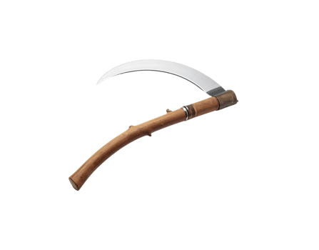 Antique Sickle with Curved Blade and Wooden Handle Brass Ferrule. png