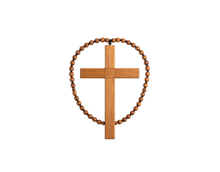 Brown Wooden Cross with Circular Wooden Bead Rosary. png