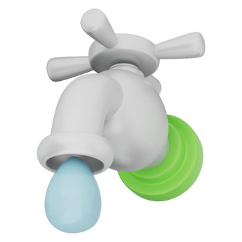 White faucet with flowing blue water drop representing water saving, clean flow, eco friendly usage. Green handle on transparent background, perfect for eco icon, plumbing concept, 3d illustration. png