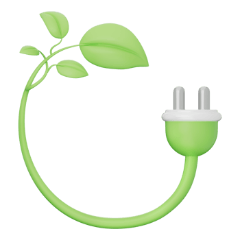 Green power plug with leaf sprouting from circular cord, symbolizing clean energy, renewable power, green technology, sustainability, eco friendly energy on transparent background, 3d illustration. png