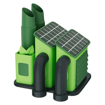 Smart factory in nature using solar power and energy efficient systems to reduce carbon footprint. Industrial innovation for sustainable green energy. On a transparent background, 3d illustration. png