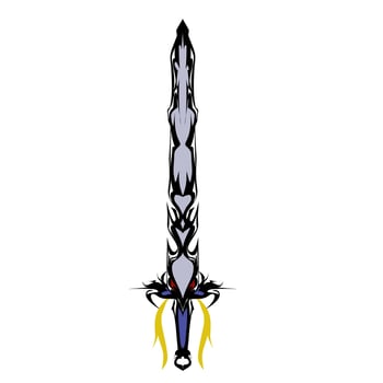 Ornate sword displays intricate black tribal patterns along a grey blade with blue and red detailing, set on white, offering a striking fantasy illustration. vector