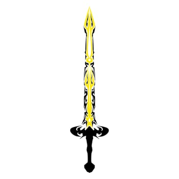 Isolated sword illustration with intricate black tribal patterns and yellow accents stands against a transparent backdrop, creating a bold, stylized graphic for fantasy and design. vector