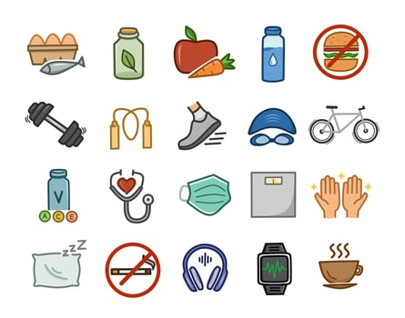 Healthy lifestyle icon set, 20 Colorful outline icons Representing fitness, healthy food, mental Wellness, medical care routines, and self development vector