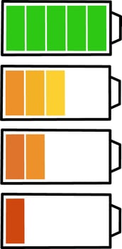 Battery level notification icons, Green to red power Indicator set, from fully charge, medium, low, to critically low vector