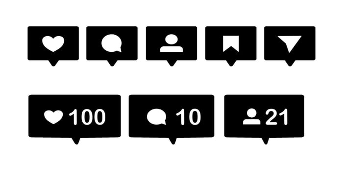 Social Media Notification Icon Set Solid Black for Like, Comment, Follower, Bookmark, and Share Alerts vector