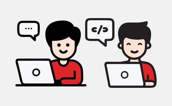 Young man with laptop in Red t shirt. Flat style cartoon illustration. vector