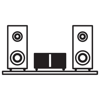 Stereo System Setup Elegant Black Speakers and Amplifier on a Shelf, Minimalist Design, Clean Audio Equipment vector