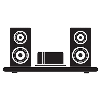 Stylish Black Stereo System with Two Speakers and Amplifier on Shelf, Minimalist Design, Clean Aesthetic vector