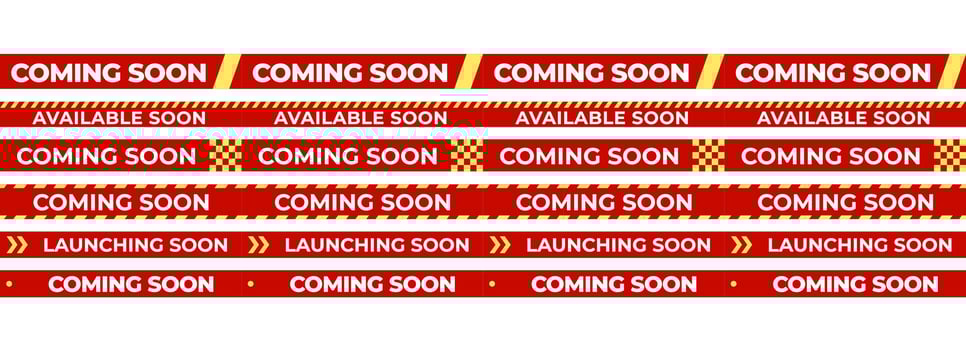 Collection of Available Soon and Coming Soon red ribbon banner tapes with striped accents for store opening, sale teaser, marketing campaign, alert notice, product release, store opening set. vector