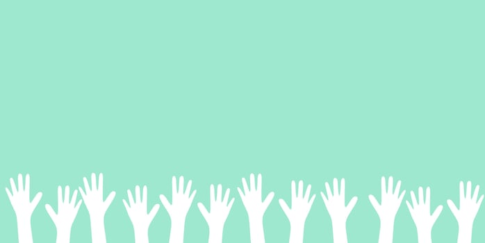 Many hands raised up in the air on a green background vector