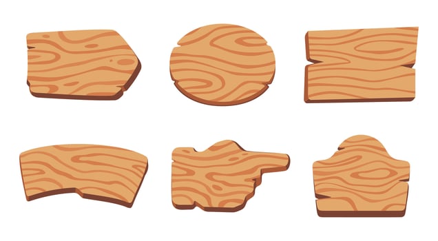 Collection of six wooden signboard illustrations in different shapes, perfect for design projects and decorative purposes. vector