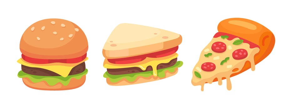 Vibrant illustration of a burger, sandwich, and pizza slice, perfect for food-related designs and promotions. vector