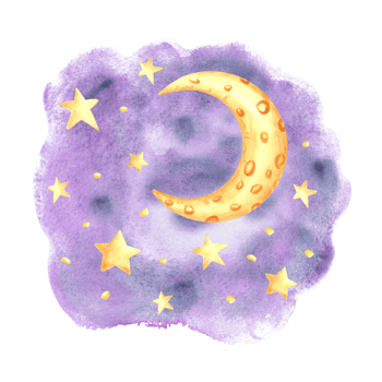 Yellow crescent moon with stars in night purple sky watercolor isolated illustration for kids design. Cute hand drawn midnight luna of fairy dreams. Decoration element for nursery or baby product. png