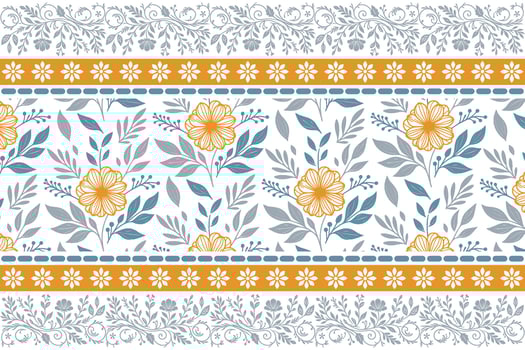 flower and foliage composition with line art detailing and bordered edges created for gift wrap materials, women wear, and bedsheets vector