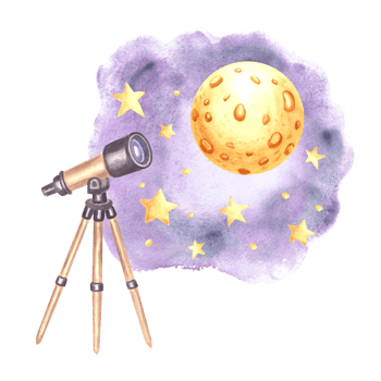 Telescope and yellow full moon in night sky with stars watercolor illustration for kids design. Hand drawn isolated equipment for study of outer space. Education clipart for scientific childrens theme png
