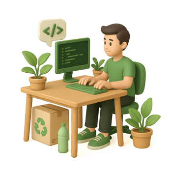 A man sitting at a desk with a computer and a plant png