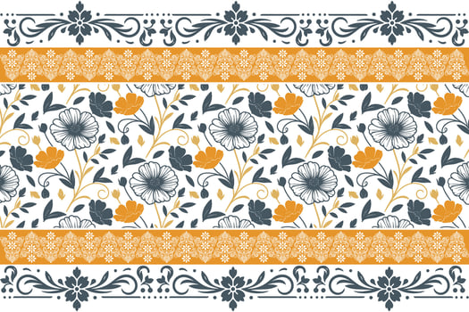 stylized floral drawing in one line style paired with border edges for textile use, packaging applications, and table top accessories vector