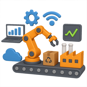 3D Smart Factory Scene with Robot Arm and Data Visualization Elements png