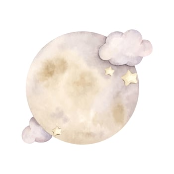 Pink dreams. Watercolor hand-drawn illustration with full moon in clouds and stars in pastel colors. Fairytale illustration for baby girl. For design baby shower, birthday vector