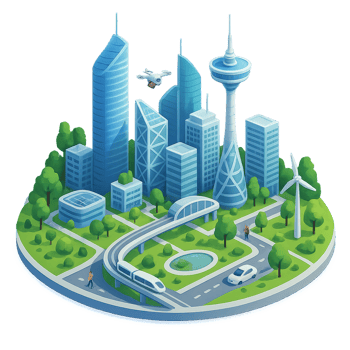 Futuristic Smart City Illustration with Transport and Green Spaces png