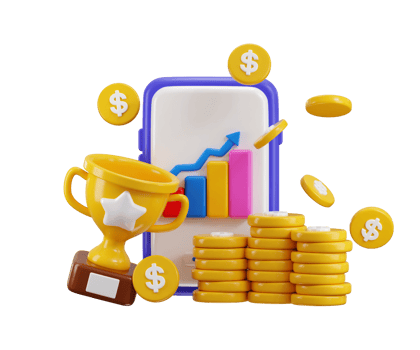 Smartphone with business line chart and trophy sign with dollar coin stack 3d render concept for Business target achievement complete icon illustration png