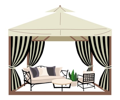 Pergola with striped curtain and outdoor furniture vector