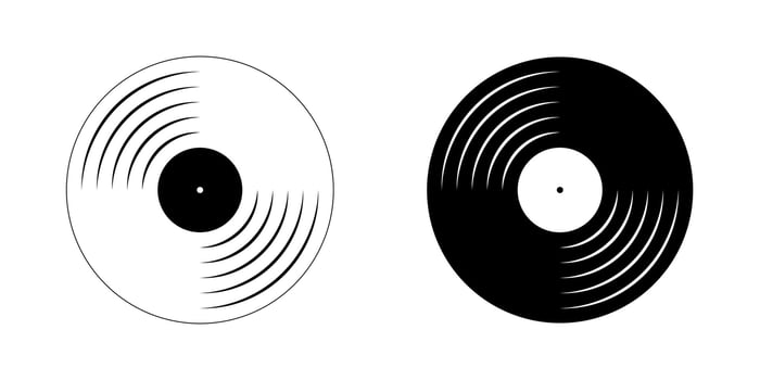 White and black vinyl record icons. Gramophone LP or long play music discs. Song single symbol. DJ equipment for techno party or 70s 80s 90s discotheque. graphic illustratio vector