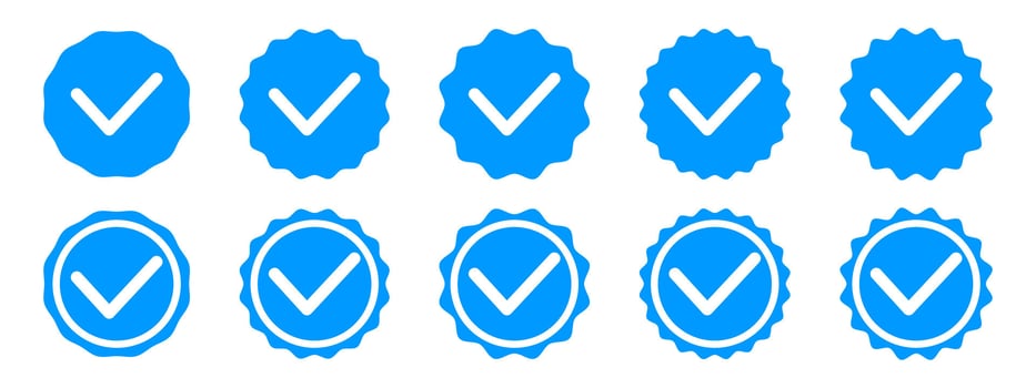 Set of tick icons. Checkmark tags. Approved signs in round wavy shapes. Done buttons. Best choice, original, quality or verification symbols isolated on white background. flat illustration vector
