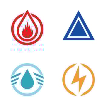 Four Abstract Energy Symbols Red Fire Water Electricity Blue Triangle Icons Graphic Design Elements vector