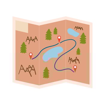 Folded travel map with trees, lakes, and route markers shown. vector