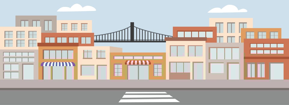 Store front illustration. Cityscape. City building. Sidewalk front store. Boutique building. City bridge. Landscape store. Department store. vector