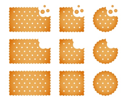 Set of whole and bitten crackers. Sweet or salty biscuit cookies in round, square and rectangle shapes. Popular crunchy snacks isolated on white background. cartoon illustration vector
