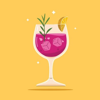 alcoholic beverage in Red Wine Glass. Summer appetizer decorated with rosemary leaves and orange. Illustration of soft and alcoholic beverages. vector