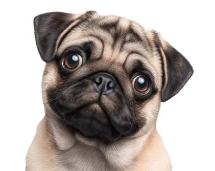 Fawn pug with head tilt and wide brown eyes image isolated transparent. Innocent look pup short muzzle. Wrinkled puppy cut out photo . Pet domestic animal cutout photography png
