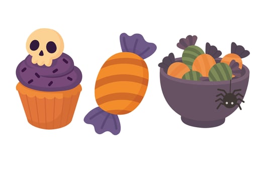 Cartoon cupcake, candy and bowl with sweets. Flat Halloween illustration on white background. vector